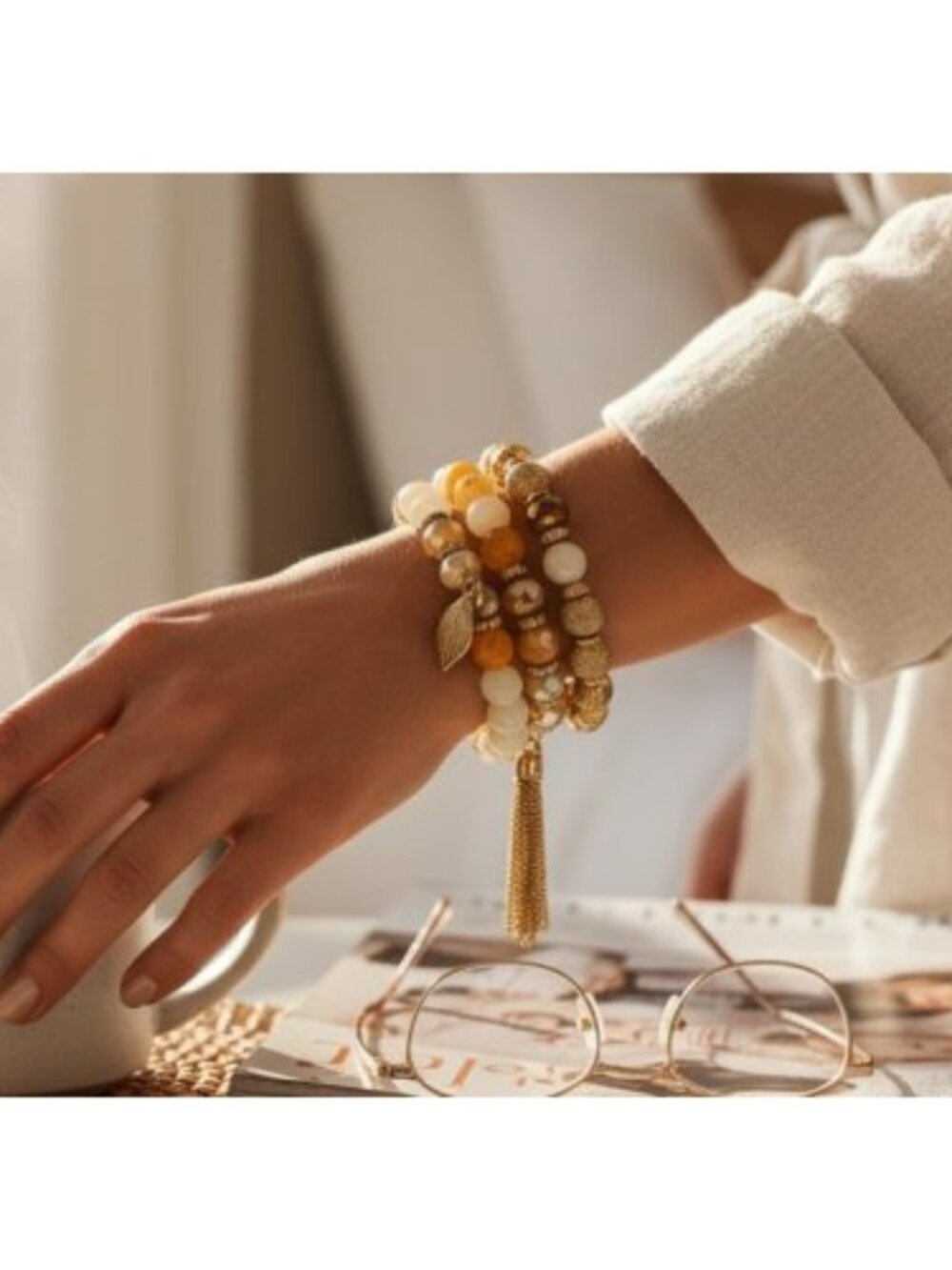 AVON Lot of Boho Stretch Goldtone and Bronze Beaded Chain Trim Bracelets